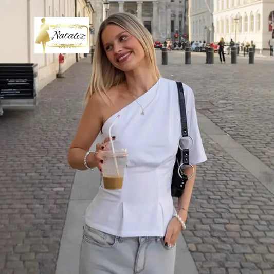 White Diagonal Collar T-shirt Women’s Design Asymmetric Off-shoulder Top Tops