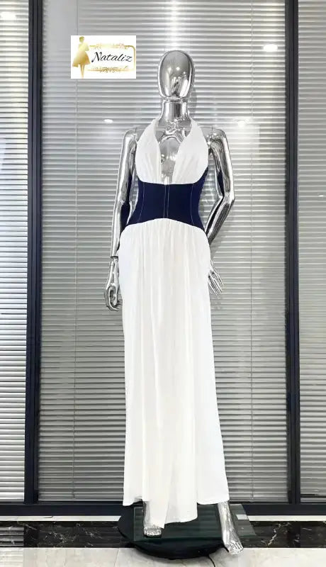 White Halter Deep V Neck Corset Women's Pleated Maxi Dress 1