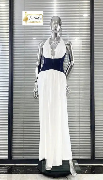 White Halter Deep V Neck Corset Women's Pleated Maxi Dress 1