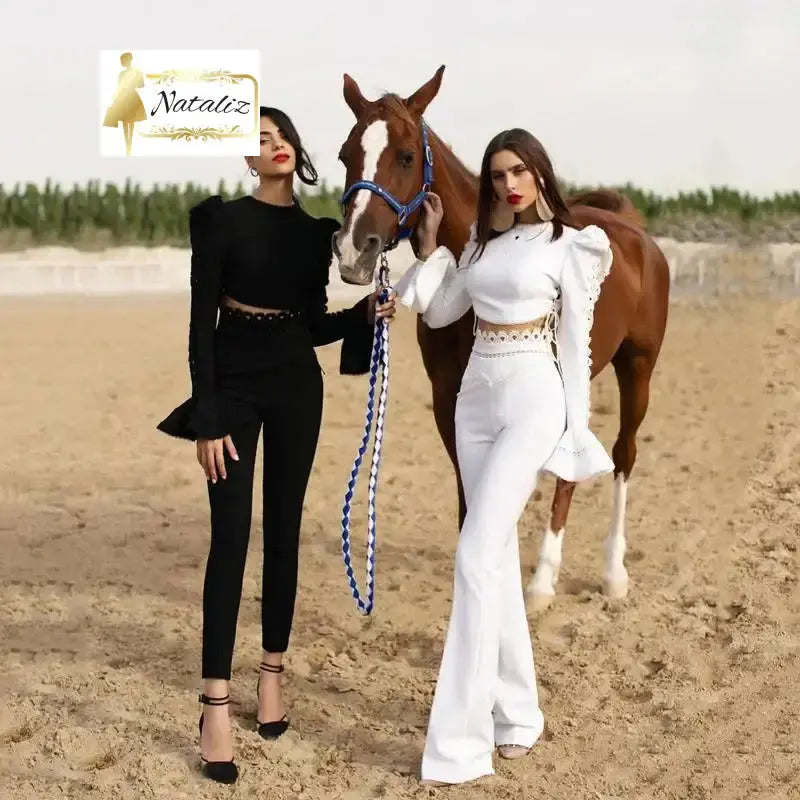 White or Black Flare Sleeve Lace-Up Hollow Slim Eco-Friendly Women's Two-Piece Set Nataliz Boutique Shop