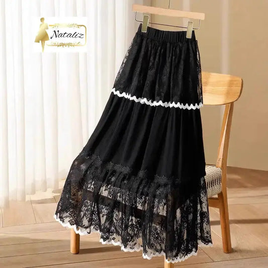 Womens Casual Versatile Lace-trimmed Skirt Skirts