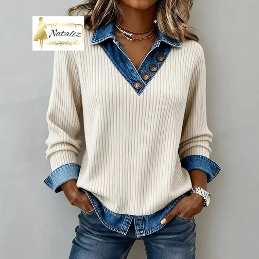 Women’s Denim-Trim Patchwork Mock V-Neck Long-Sleeve Top Tops