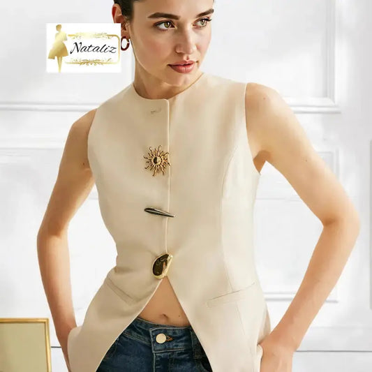 Womens European And American-style Decorative Button Solid-color Sleeveless Jacket Tops
