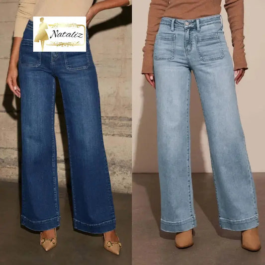 Womens High-waisted Denim Jeans With A Wide Straight Leg Pants & Jeans