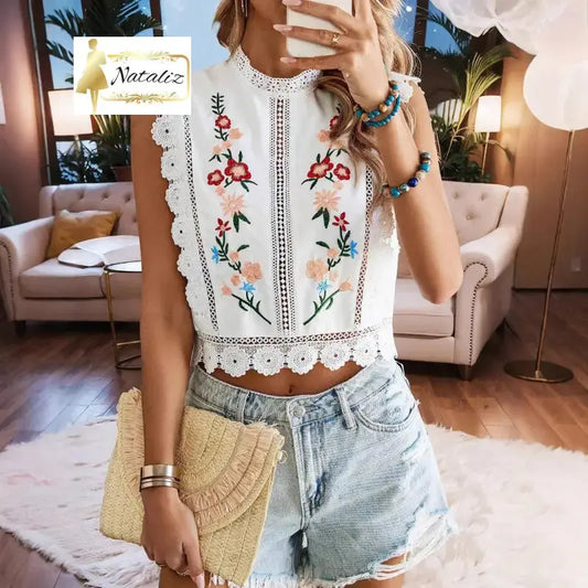 Women’s Lace Embroidered Round-neck Sleeveless Hollow-out T-shirt Tops