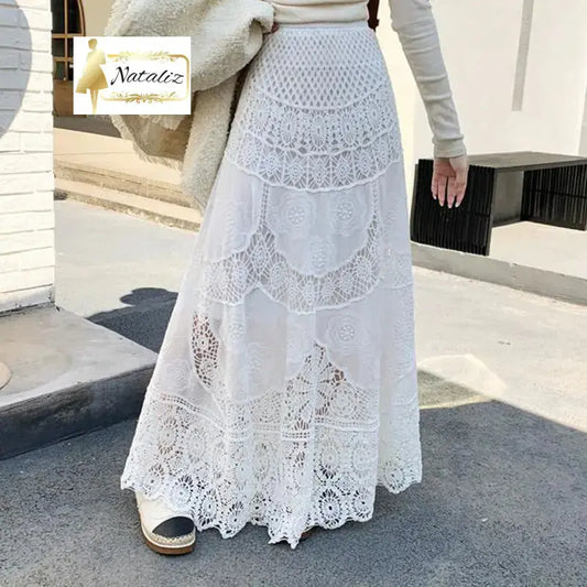 Womens Lace Retro French Crochet Hollow-Out Knit A-Line Skirt Skirts