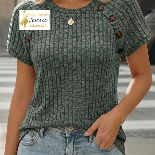 Women’s Ribbed Crew-neck Button-panel Short-sleeve Top Tops