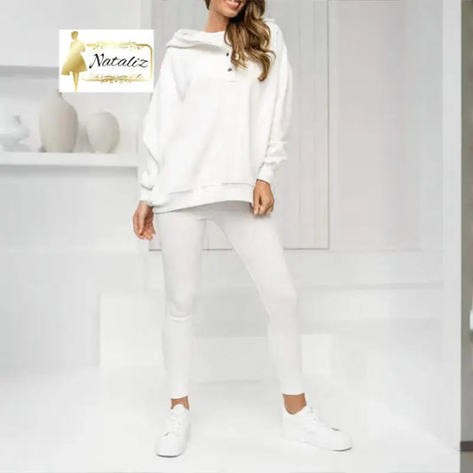 Women's Solid Color 3-Piece Set Sleeveless Vest & Hooded Button Placket Long Sleeve Sweatshirt & Slim Fit Pants Sporty Casual Outfit Nataliz