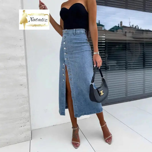 Women’s Solid Color Button Irregular Slit Denim Skirt Skirts