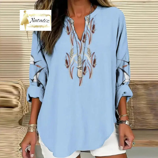 Women’s Spikelet Art V-neck Casual Linen Blend Blouse Tops