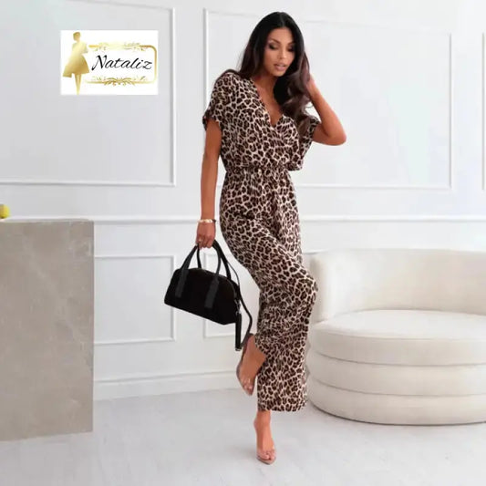 Womens Spring Leopard-Print V-Neck Flounce-Sleeve Wide-Leg Jumpsuit Jump Suit