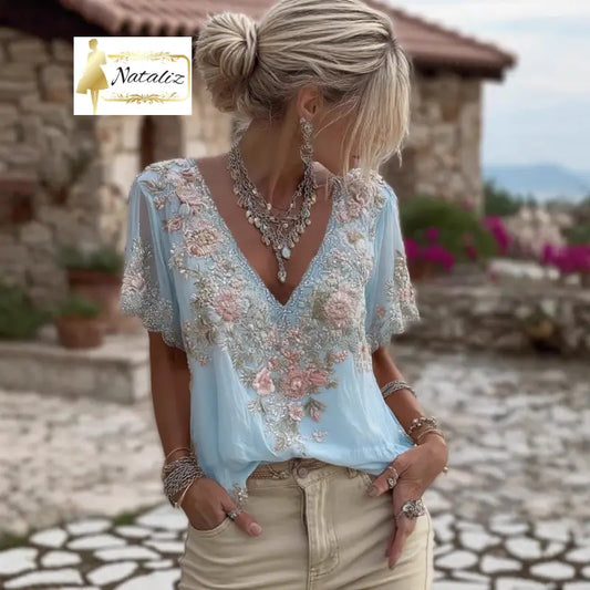 Womens V neck 3D printed Short sleeve Top With An Elegant Artistic And Vintage Vibe Tops