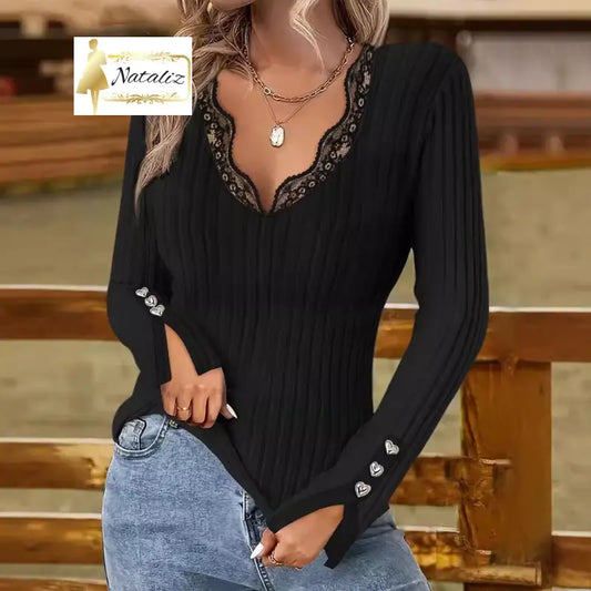 Womens V-neck Lace-button Solid-color Slim-fit Fashion Long-sleeve Top Tops