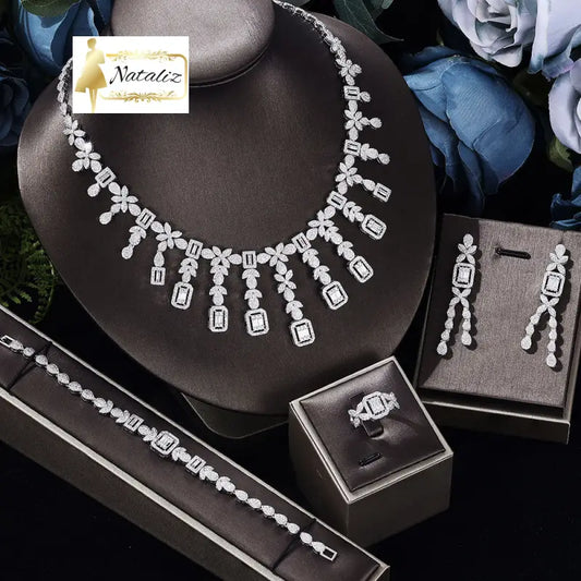 Zircon Necklace Earrings Bracelet Ring Set Of Four White Jewelry Sets